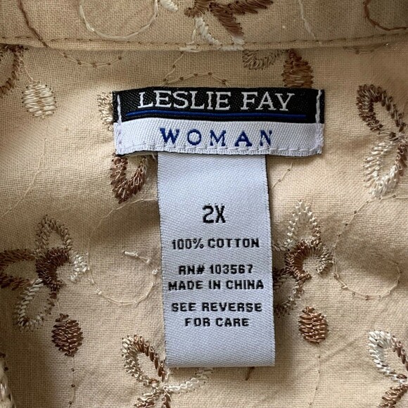 Leslie Fay Woman Button Up Shacket Plus 2X Beige Embroidered Cotton - Picture 9 of 11